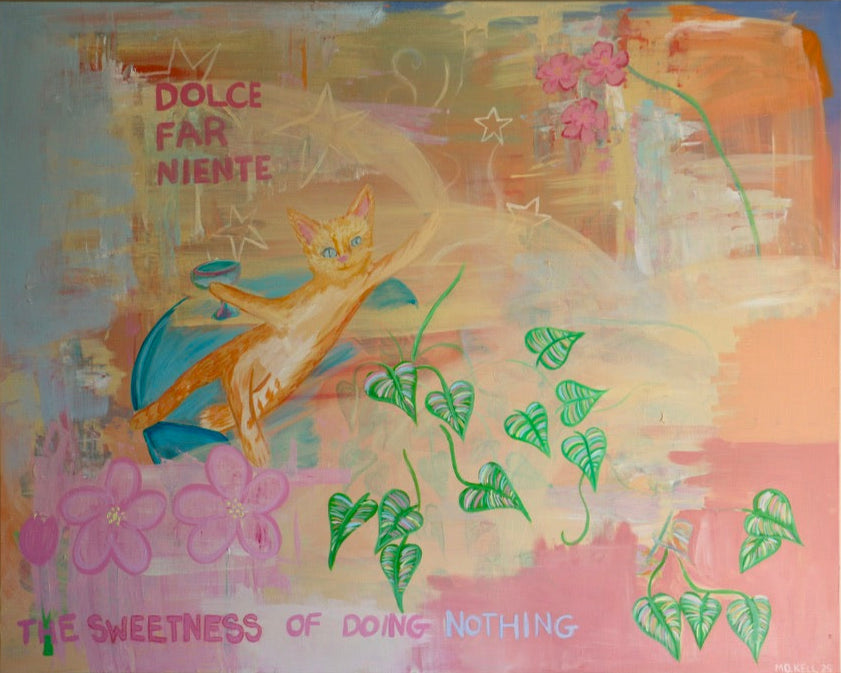 Abstract painting with a cat and floral elements on a light background